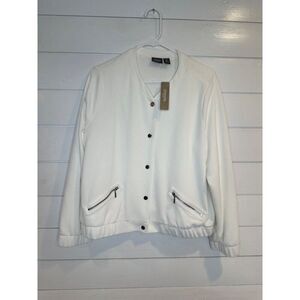 Chico's Traveler Collection Size 2 Bomber Jacket White Snap Closure Long Sleeve